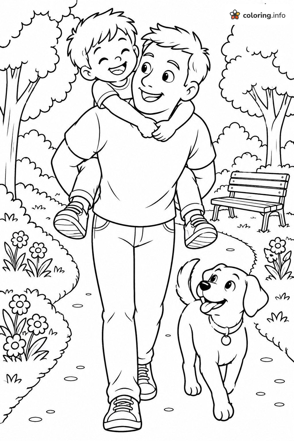 Piggyback Ride in the Park, Father's Day Fun coloring sheet Piggyback Ride in the Park, Father's Day Fun coloring sheet