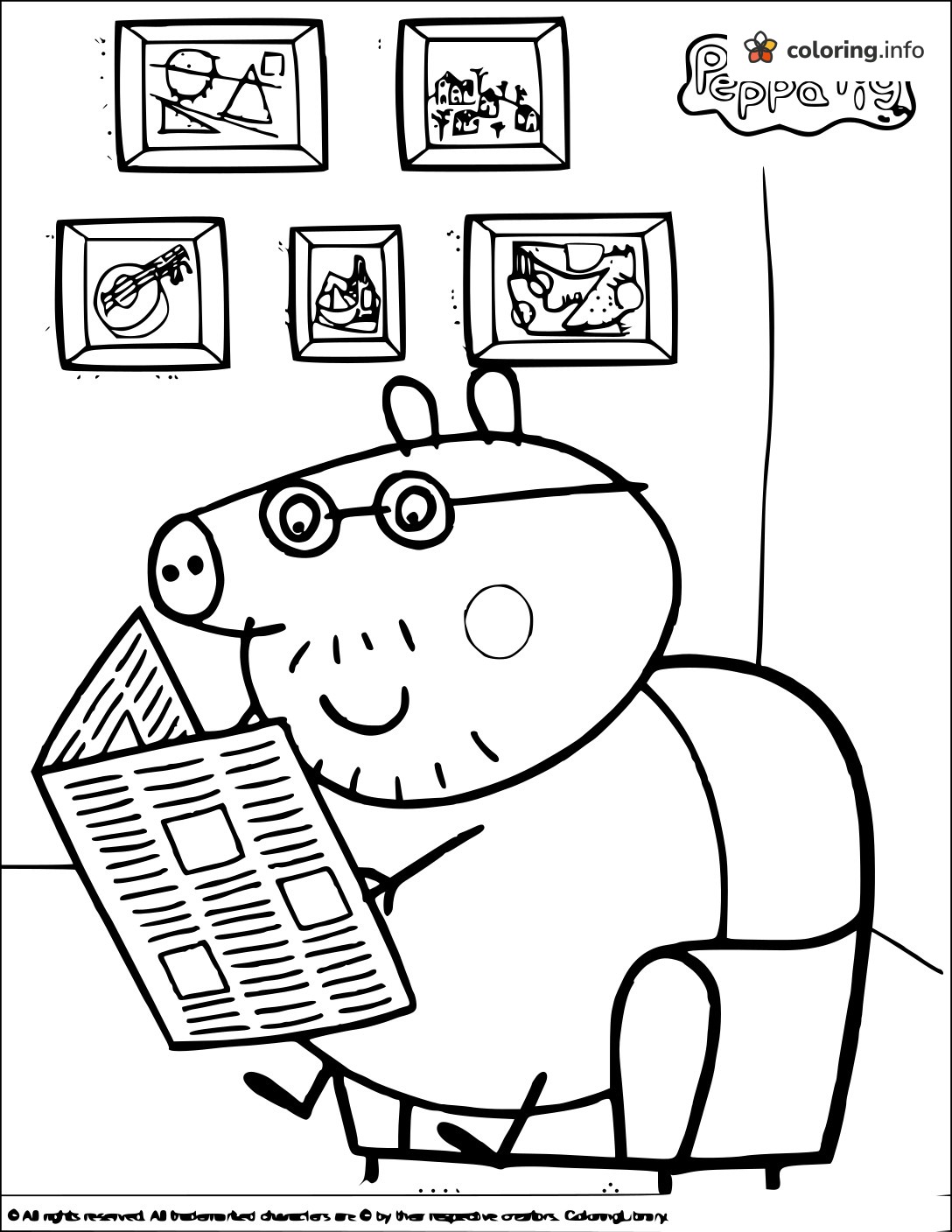 Daddy Pig Relaxing with a Newspaper, Peppa Pig Printable coloring page Daddy Pig Relaxing with a Newspaper, Peppa Pig Printable coloring page