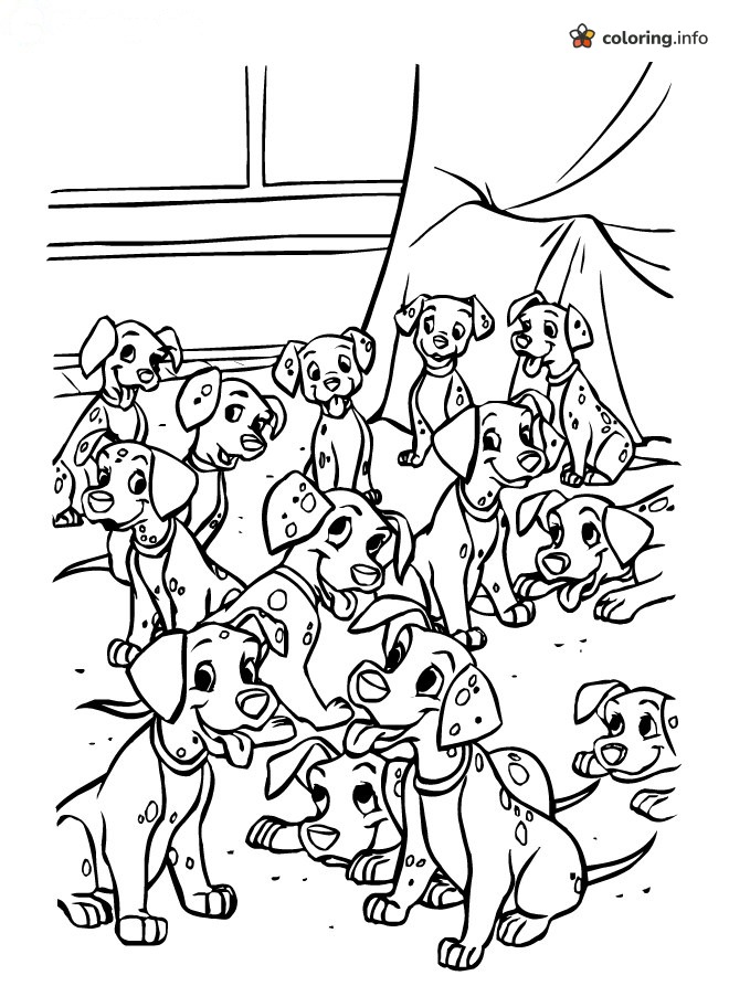 A Dozen Spotted Pups Together in a Cozy Room, 101 Dalmatians coloring page A Dozen Spotted Pups Together in a Cozy Room, 101 Dalmatians coloring page