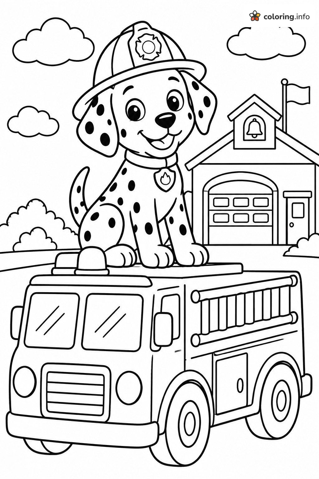 Firefighter Dalmatian Dog Sitting on a Fire Truck coloring page Firefighter Dalmatian Dog Sitting on a Fire Truck coloring page