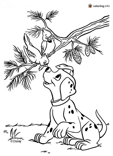 Curious 101 Dalmatians Puppy Eyeing Two Birds on a Pine Branch printable coloring page Curious 101 Dalmatians Puppy Eyeing Two Birds on a Pine Branch printable coloring page