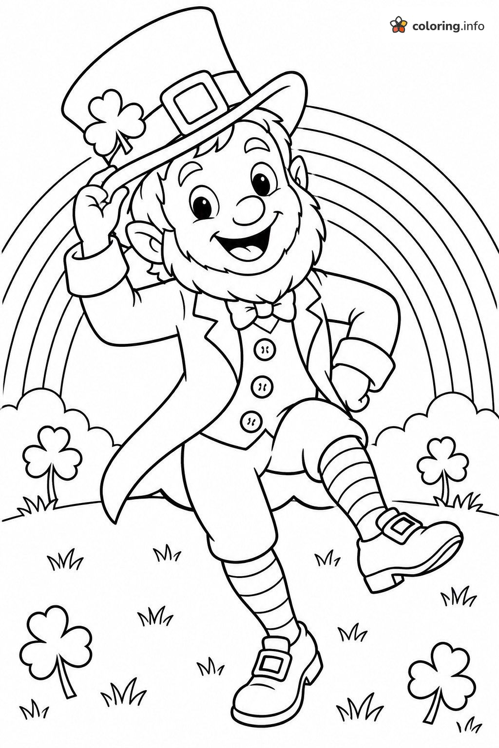 Dancing Leprechaun Tipping His Hat Beneath a Rainbow (Rainbow & Pot of Gold (St. Patrick's)) coloring page Dancing Leprechaun Tipping His Hat Beneath a Rainbow (Rainbow & Pot of Gold (St. Patrick's)) coloring page