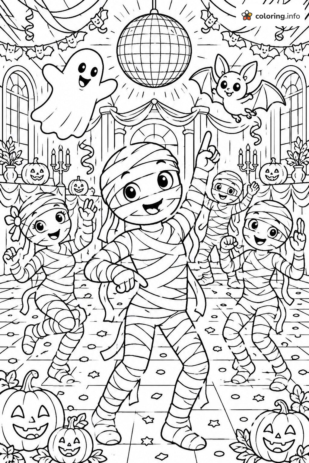 Disco Dancing Mummies With a Ghost and Bat coloring page Disco Dancing Mummies With a Ghost and Bat coloring page