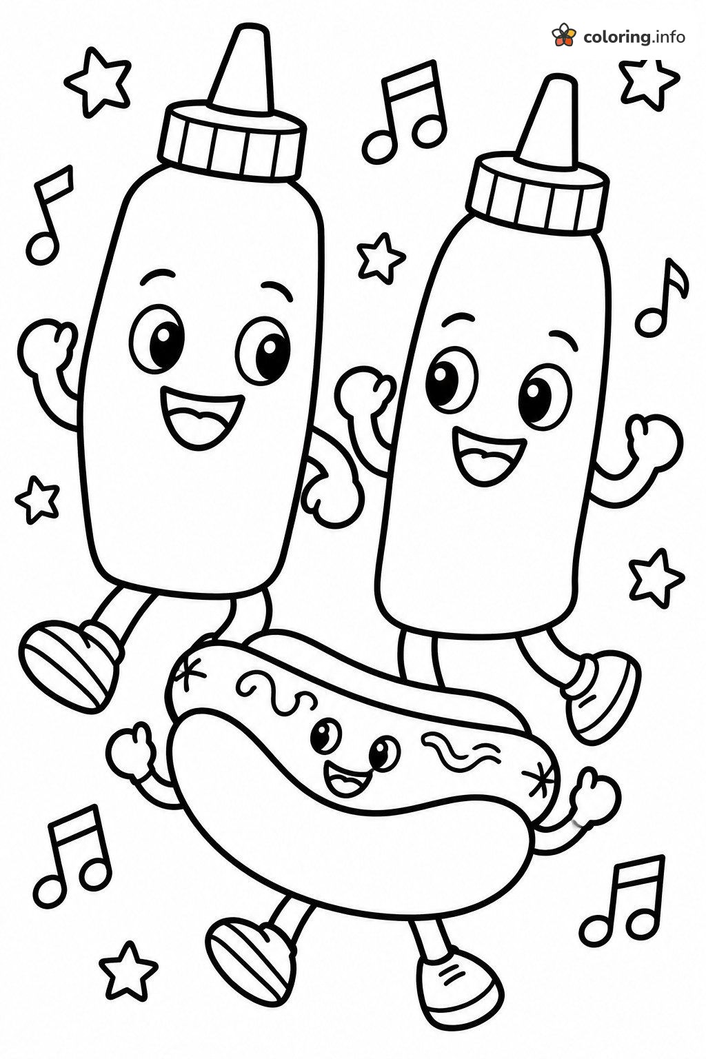 Dancing Hot Dog and Sauce Bottles with Music Notes printable coloring page Dancing Hot Dog and Sauce Bottles with Music Notes printable coloring page