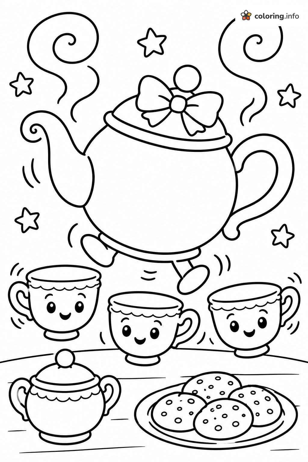 Tea Party with a Dancing Teapot and Teacups, Beauty and the Beast Fun printable coloring page Tea Party with a Dancing Teapot and Teacups, Beauty and the Beast Fun printable coloring page