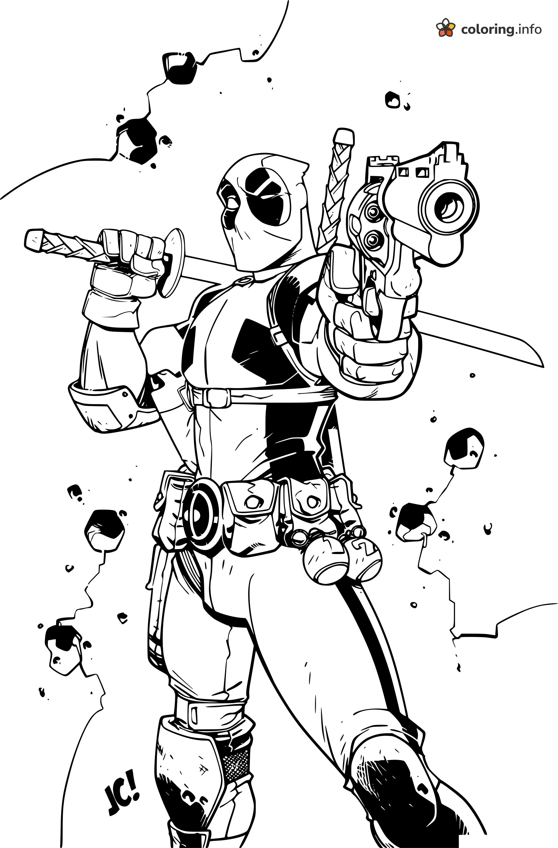 Deadpool Pointing a Pistol at You With Rocks Flying coloring page Deadpool Pointing a Pistol at You With Rocks Flying coloring page