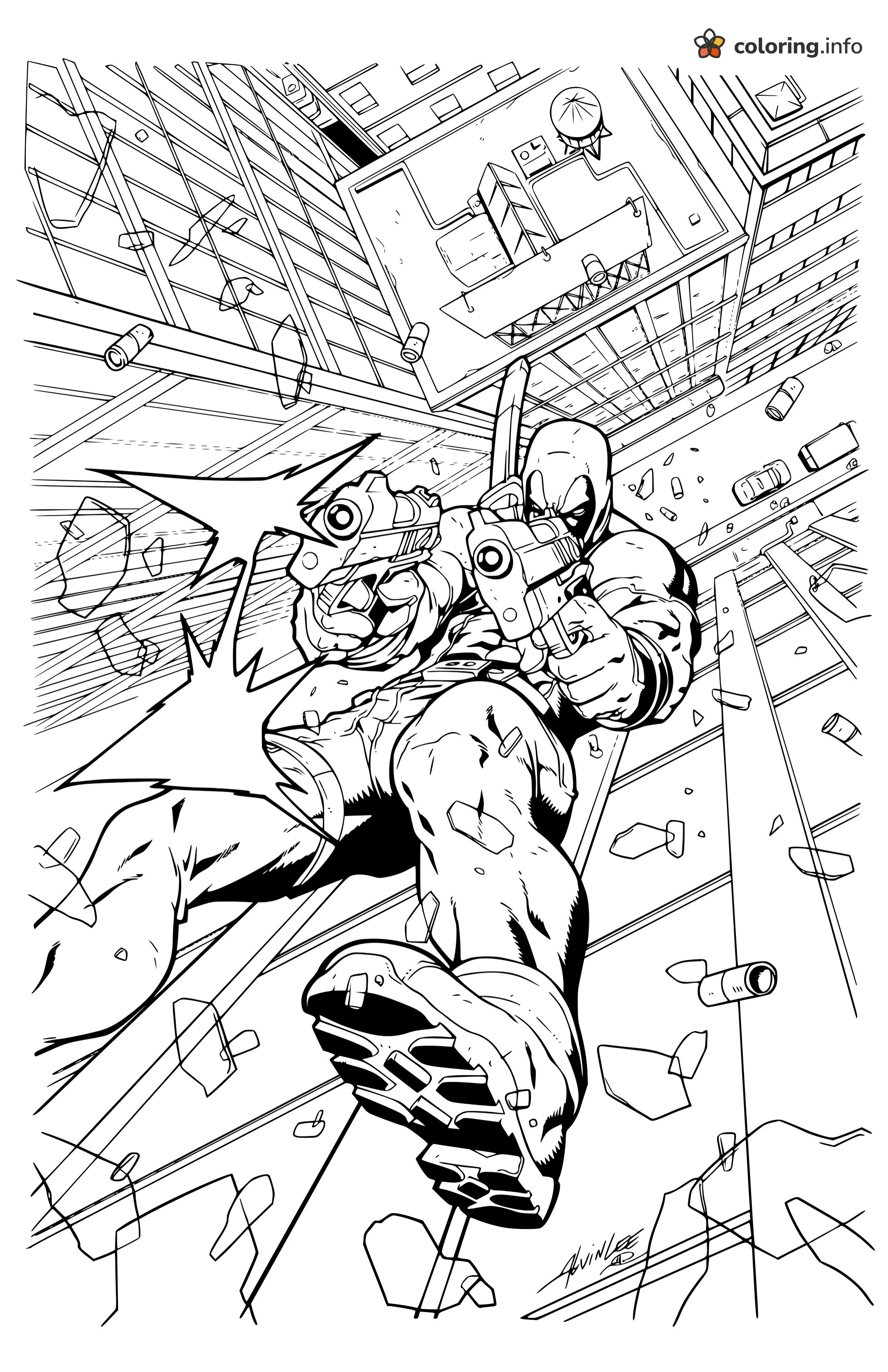Two Pistols Blazing as Deadpool Falls Past Skyscrapers printable coloring page Two Pistols Blazing as Deadpool Falls Past Skyscrapers printable coloring page