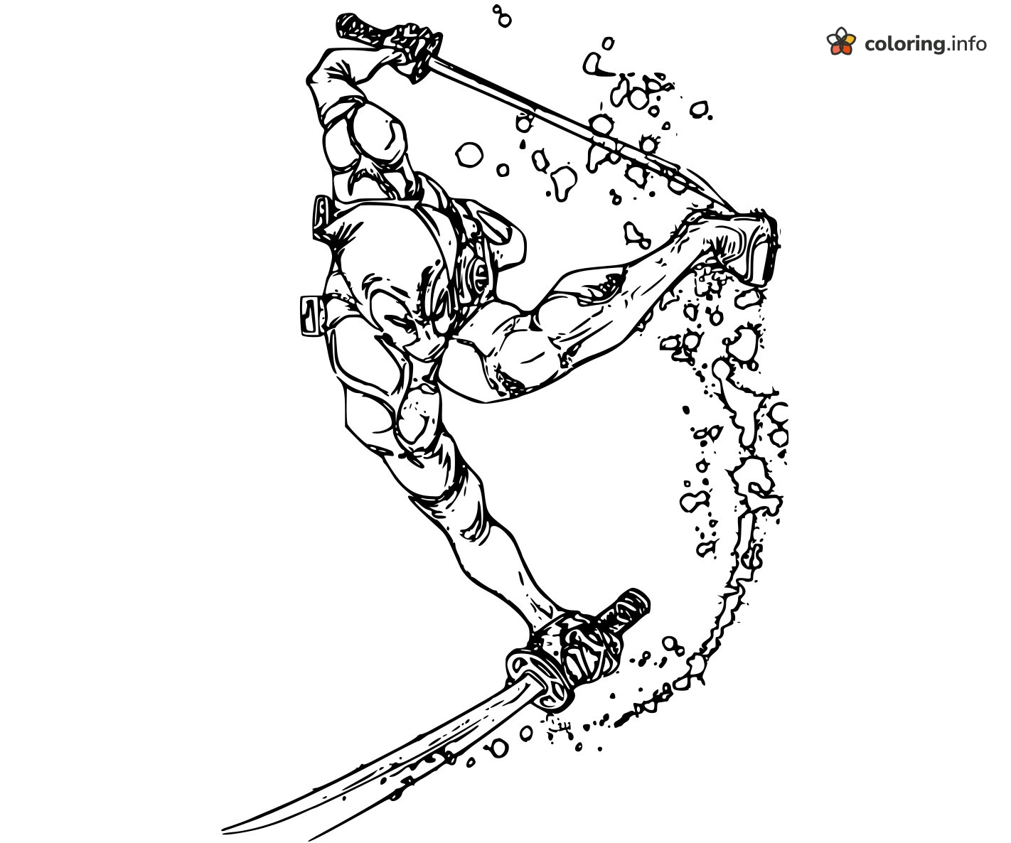 Two-Katana Deadpool Leap With Splatter Trail coloring page Two-Katana Deadpool Leap With Splatter Trail coloring page