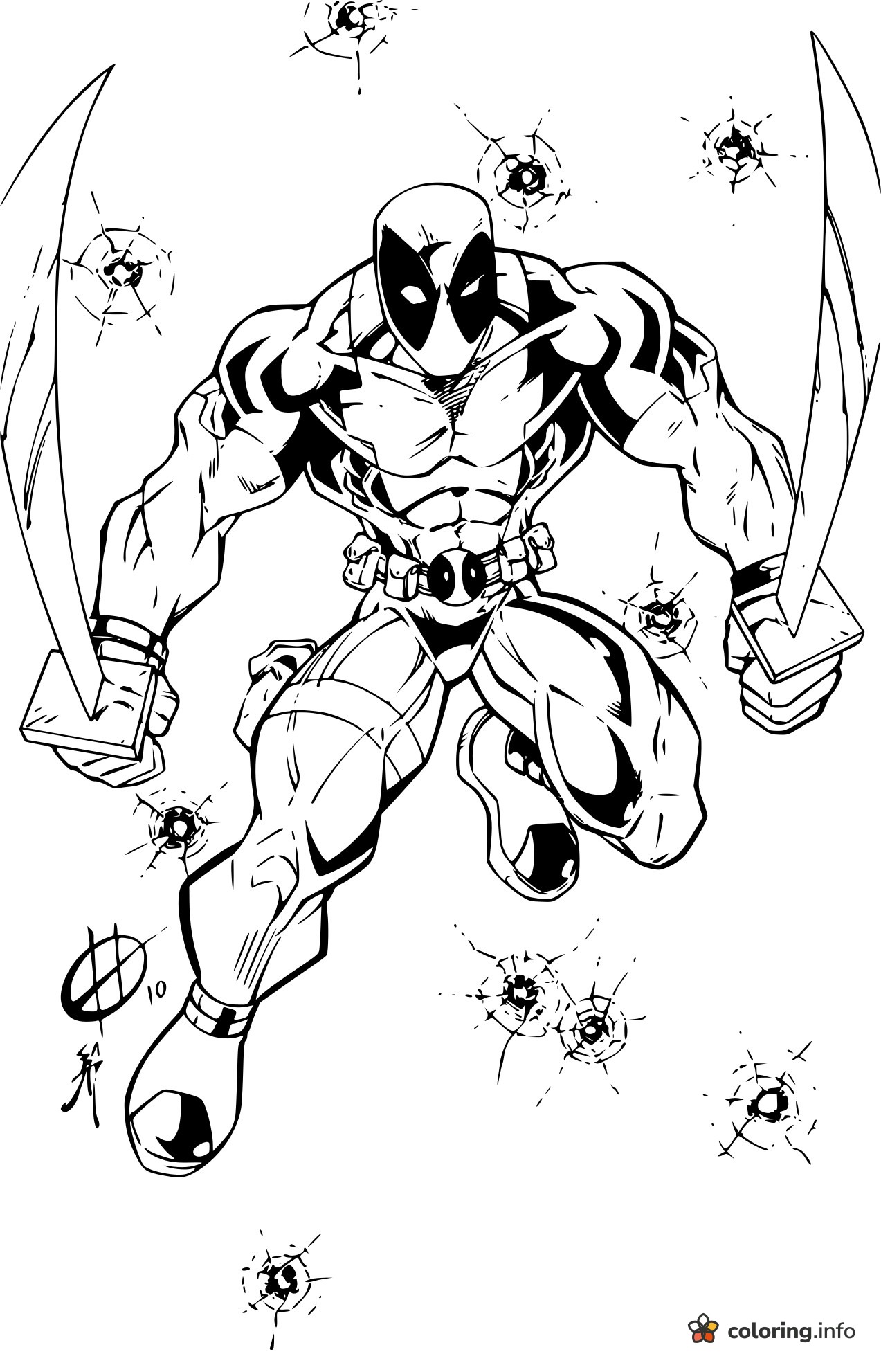 Charging Deadpool With Two Curved Swords printable coloring page Charging Deadpool With Two Curved Swords printable coloring page