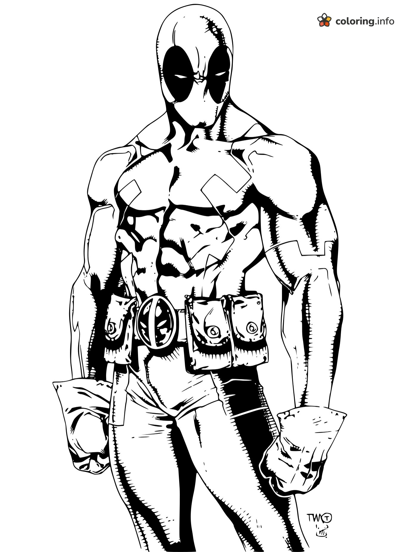 Standing Deadpool With Utility Belt and Clenched Fists coloring page Standing Deadpool With Utility Belt and Clenched Fists coloring page