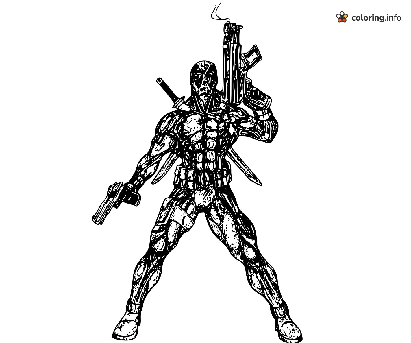 Standing Deadpool With Smoking Rifle and Pistol coloring page Standing Deadpool With Smoking Rifle and Pistol coloring page