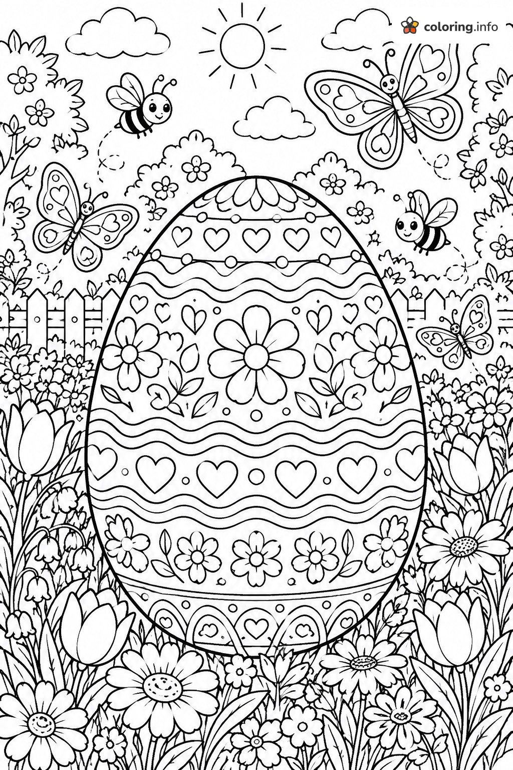 Big Patterned Egg in a Garden, Easter Egg Hunt Page printable coloring page Big Patterned Egg in a Garden, Easter Egg Hunt Page printable coloring page