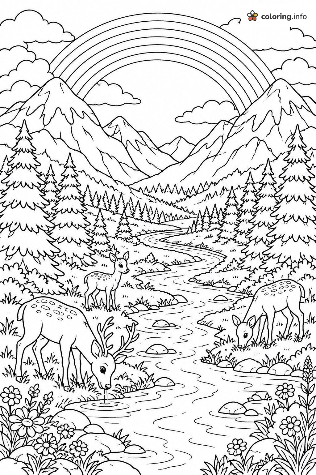 Mountain Valley Deer Beneath a Rainbow coloring page Mountain Valley Deer Beneath a Rainbow coloring page