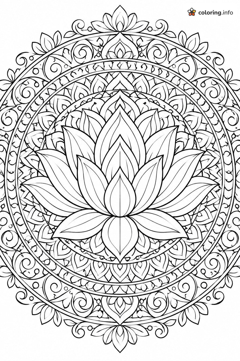 Lotus Mandala with Ornate Circular Borders coloring page Lotus Mandala with Ornate Circular Borders coloring page