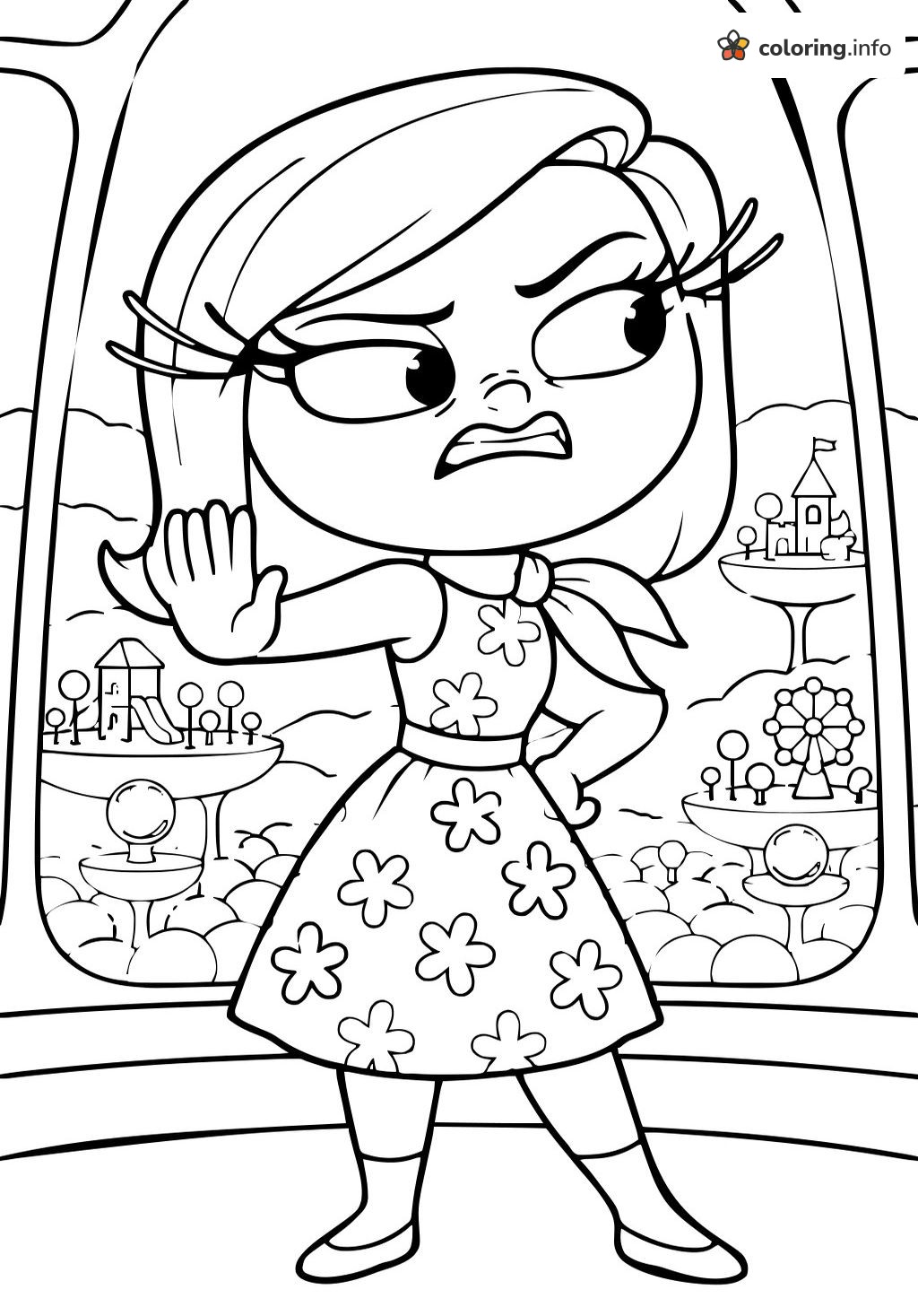 Inside Out Disgust Raising Her Hand at the Headquarters Window printable coloring page Inside Out Disgust Raising Her Hand at the Headquarters Window printable coloring page
