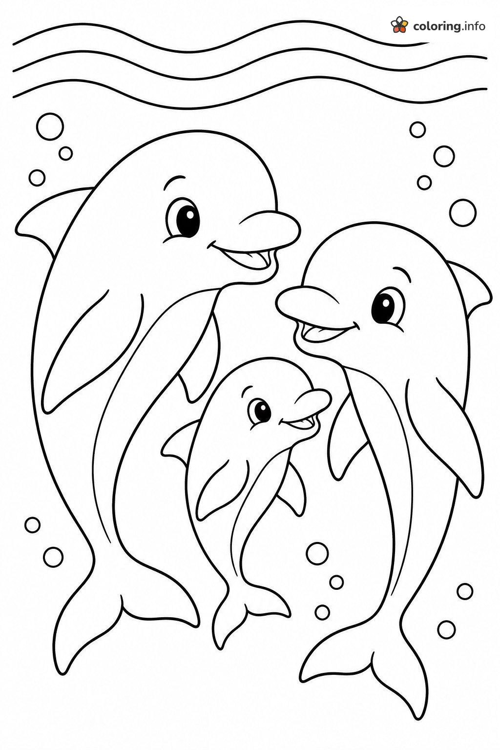 Three Happy Dolphins in a Family Swim with Bubbles coloring page Three Happy Dolphins in a Family Swim with Bubbles coloring page