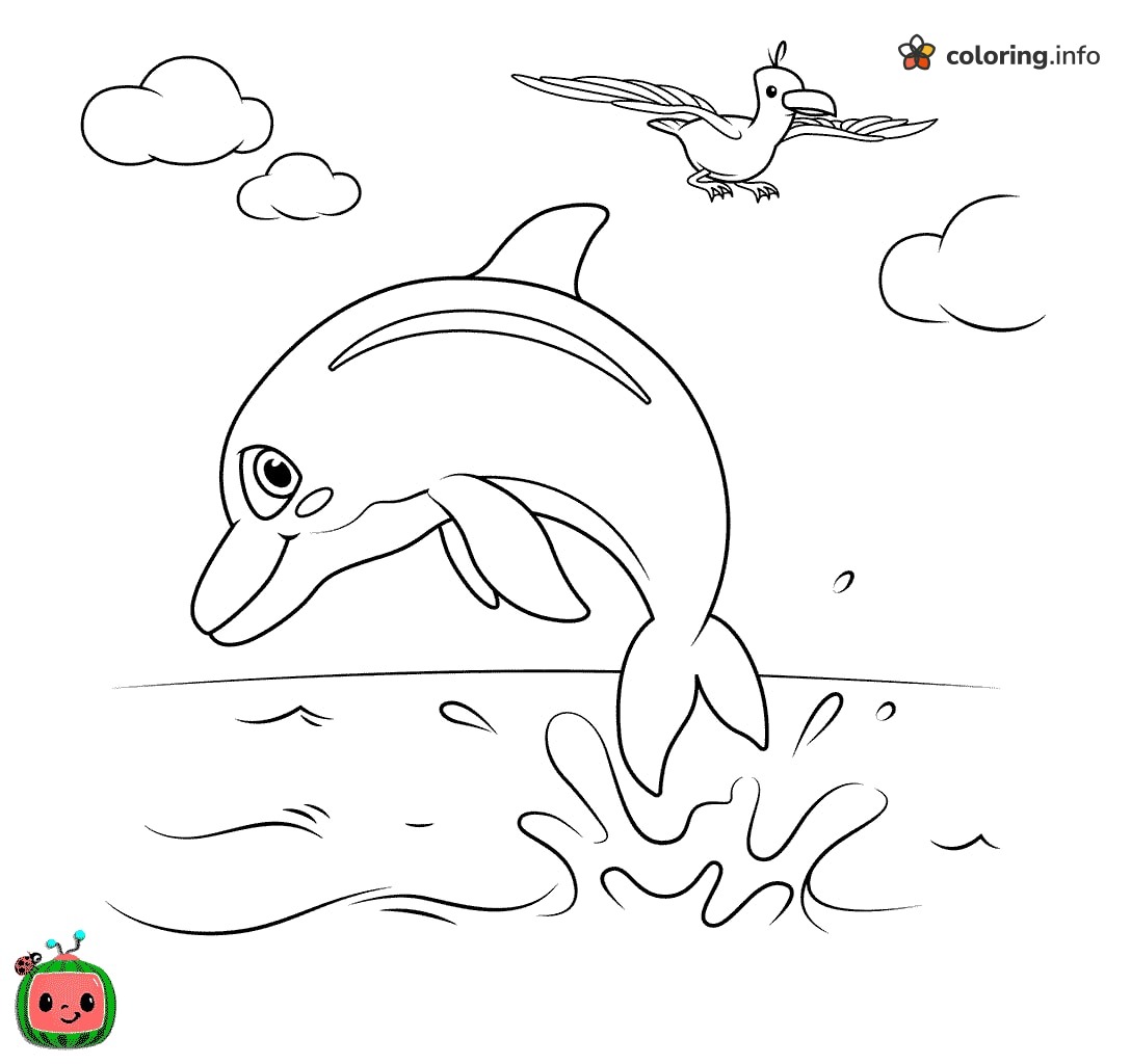 Leaping Dolphin and Seagull Ocean Scene, CoComelon printable coloring page Leaping Dolphin and Seagull Ocean Scene, CoComelon printable coloring page