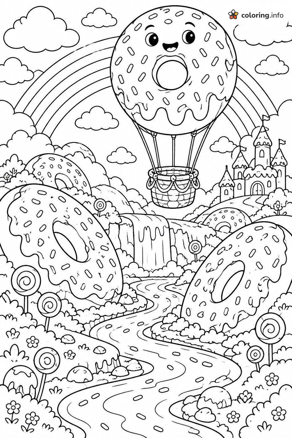 Hot Air Balloon Donut Floating Over a Candy Land River printable coloring page Hot Air Balloon Donut Floating Over a Candy Land River printable coloring page