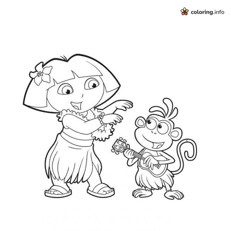 Hula Party with Ukulele, Dora the Explorer and Boots coloring page Hula Party with Ukulele, Dora the Explorer and Boots coloring page