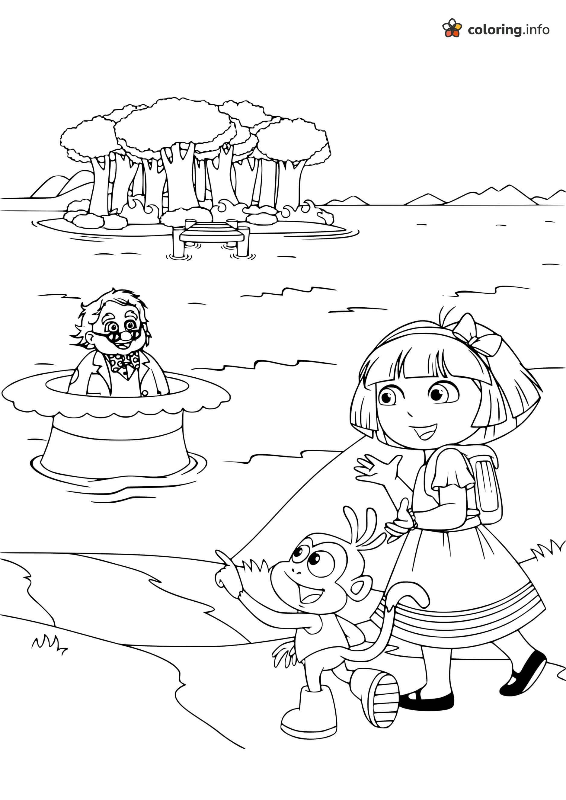 A Man in a Floating Top Hat Surprises Dora the Explorer and Boots coloring page A Man in a Floating Top Hat Surprises Dora the Explorer and Boots coloring page