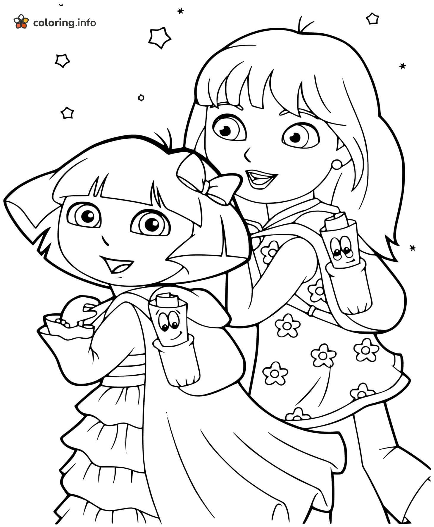 Party Dresses and Backpack Maps: Dora the Explorer Coloring Page Party Dresses and Backpack Maps: Dora the Explorer Coloring Page
