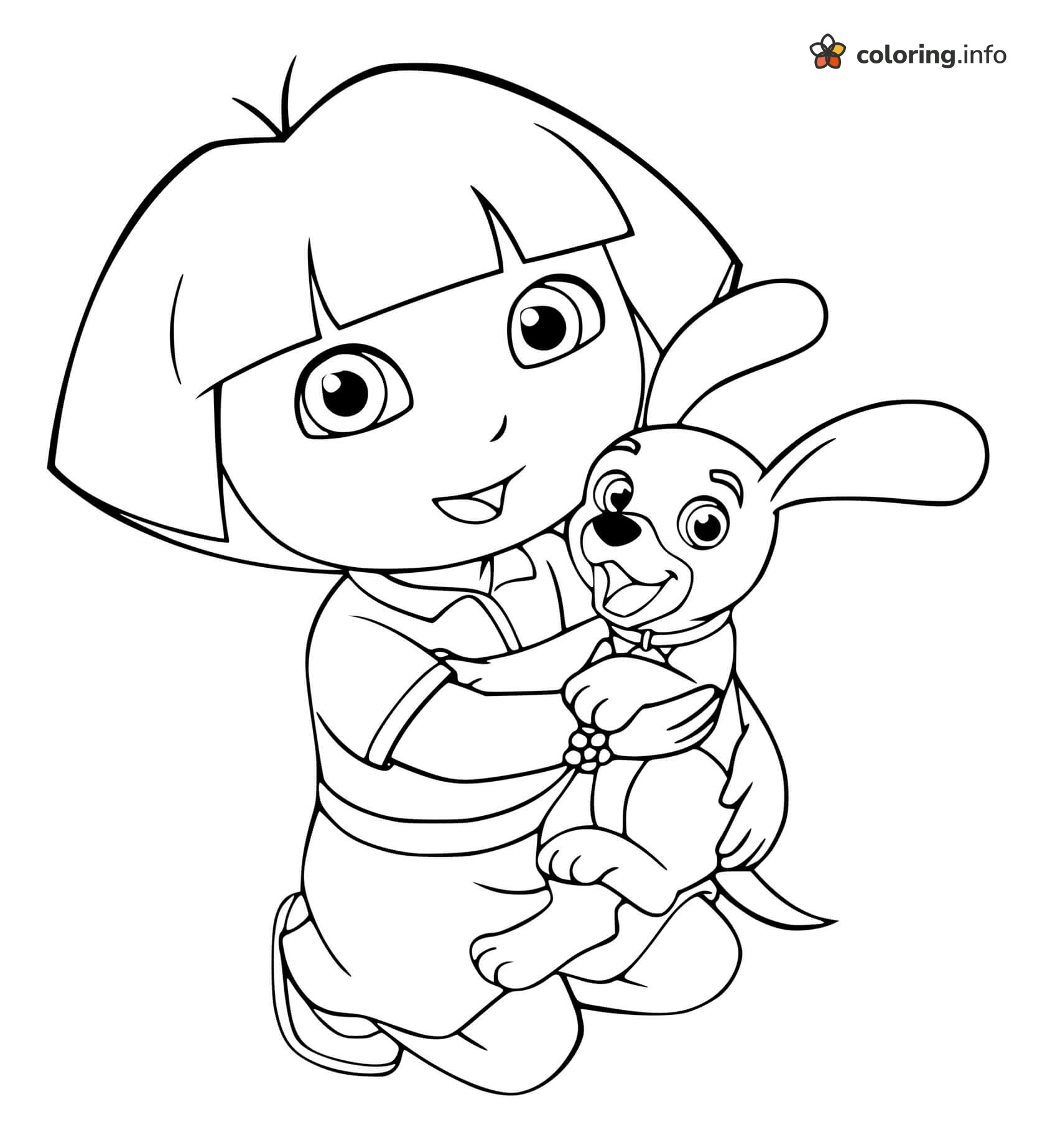 Kneeling Hug for a Bow Tie Puppy, Dora the Explorer coloring sheet Kneeling Hug for a Bow Tie Puppy, Dora the Explorer coloring sheet