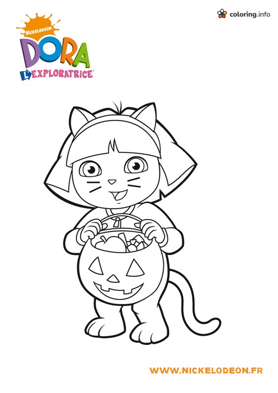 Halloween Cat Costume with Pumpkin Bucket, Dora the Explorer coloring sheet Halloween Cat Costume with Pumpkin Bucket, Dora the Explorer coloring sheet