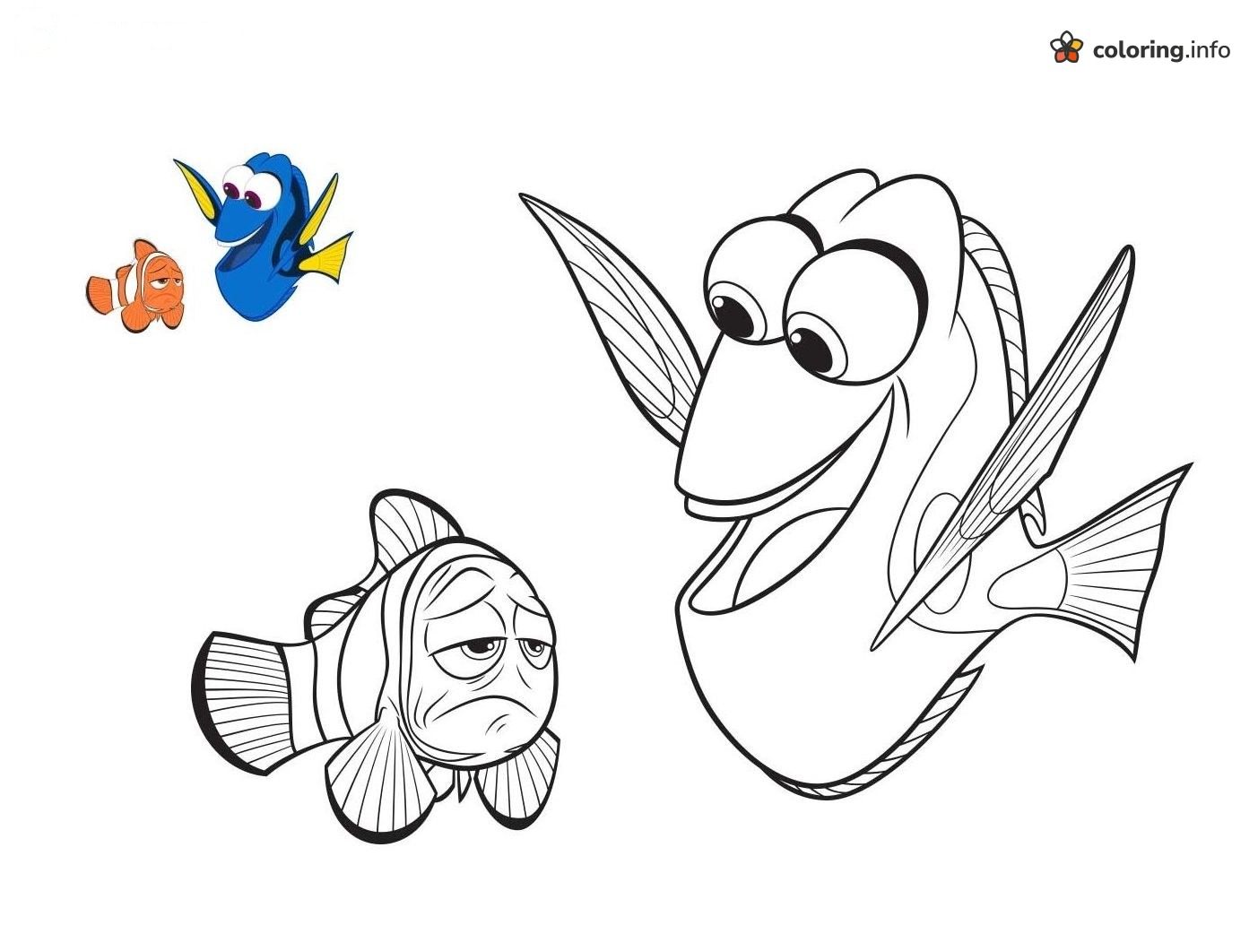 Cheerful Dory Beside Grumpy Marlin, Finding Nemo Pals coloring page Cheerful Dory Beside Grumpy Marlin, Finding Nemo Pals coloring page