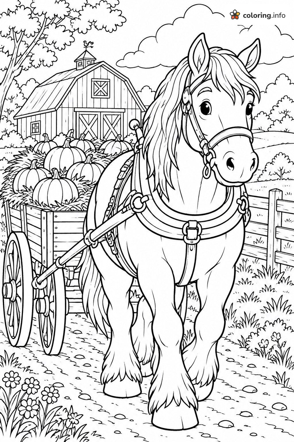 Draft Horse Hauling a Pumpkin Wagon by the Barn printable coloring page Draft Horse Hauling a Pumpkin Wagon by the Barn printable coloring page