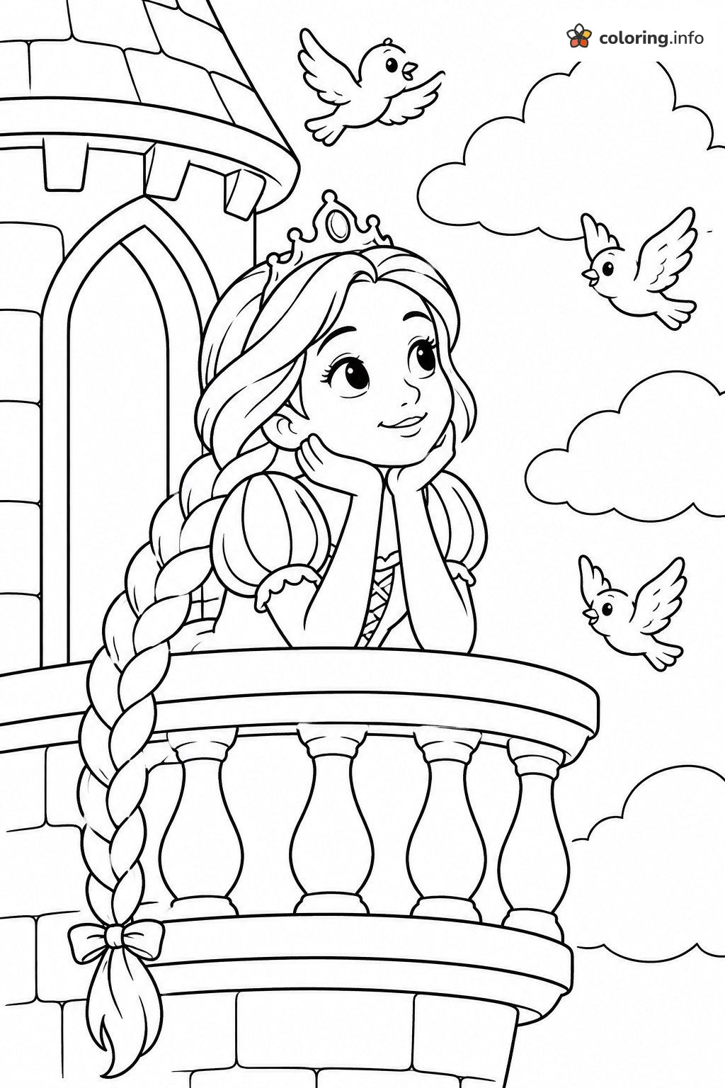 Tower Balcony Daydream with a Braided Princess coloring sheet Tower Balcony Daydream with a Braided Princess coloring sheet