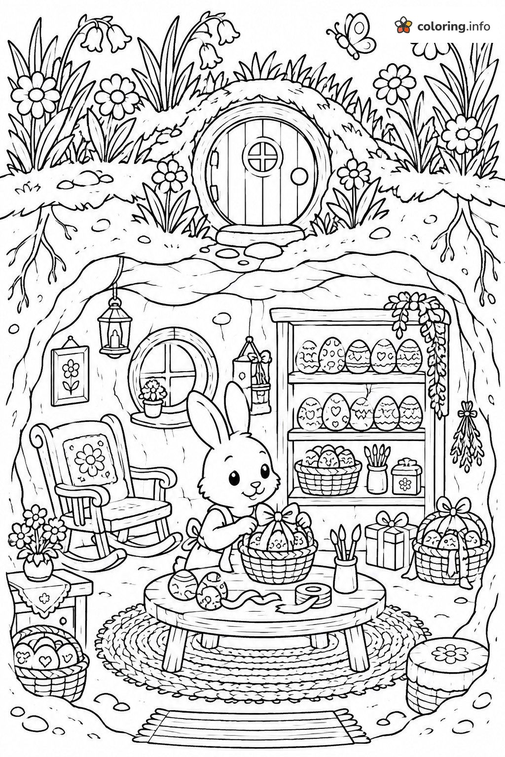 Cozy Burrow Easter Bunny Tying Bows on Egg Baskets coloring page Cozy Burrow Easter Bunny Tying Bows on Egg Baskets coloring page