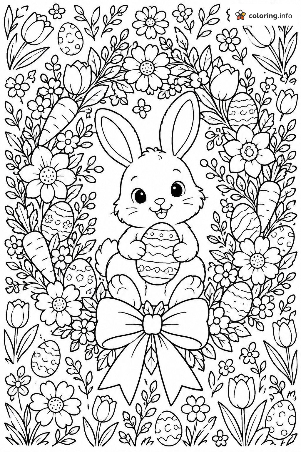 Flower-Framed Bunny Hugging an Egg, Easter for Kids Printable coloring page Flower-Framed Bunny Hugging an Egg, Easter for Kids Printable coloring page
