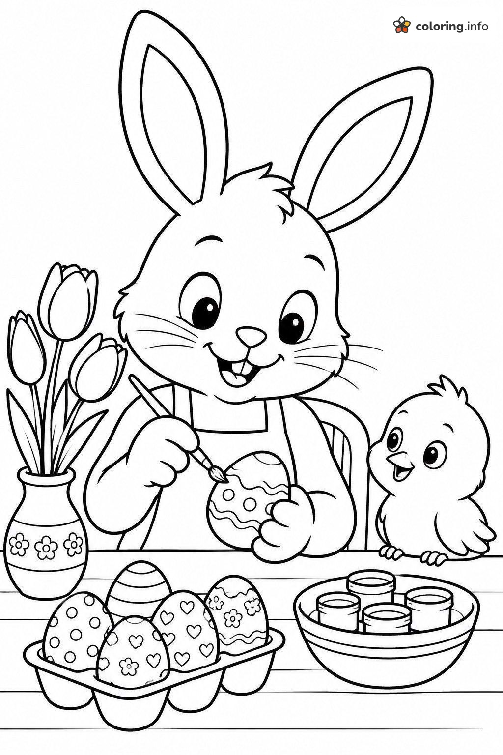 Easter Bunny and Baby Chick Painting Eggs Together coloring page Easter Bunny and Baby Chick Painting Eggs Together coloring page