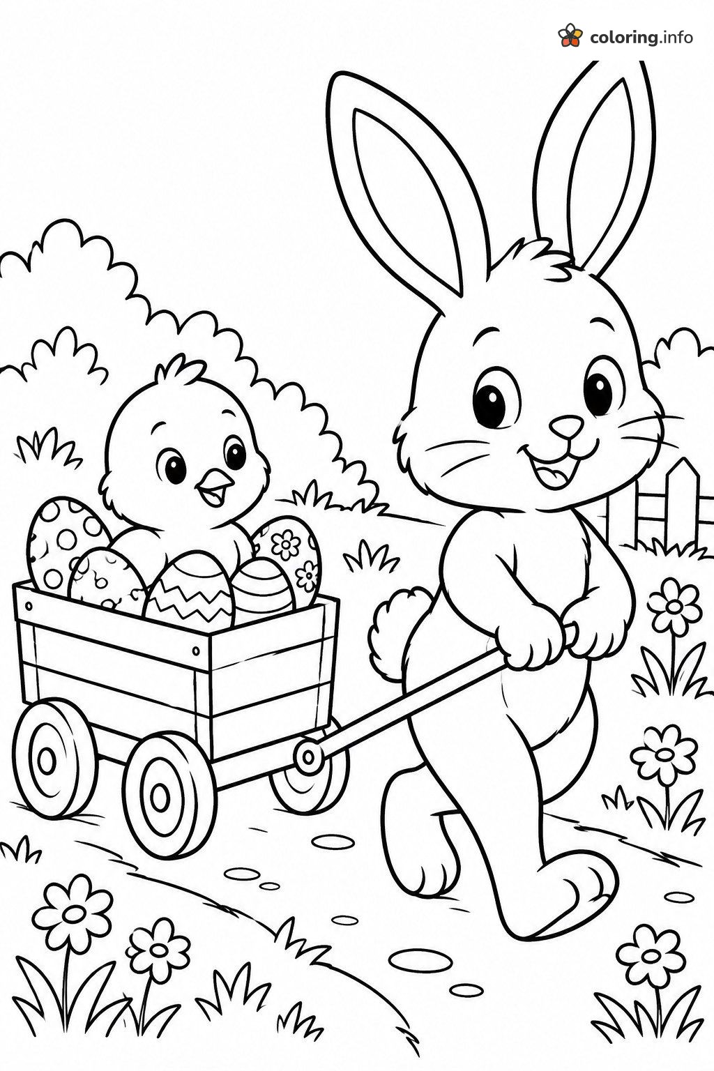 Bunny Pulling a Wagon with a Baby Chick and Eggs coloring page Bunny Pulling a Wagon with a Baby Chick and Eggs coloring page