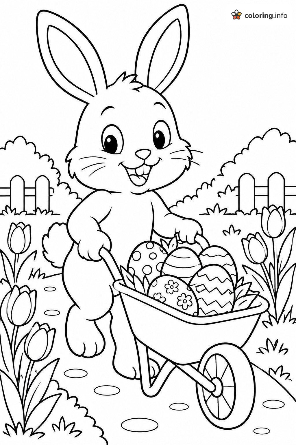 Wheelbarrow Full of Easter Eggs with a Garden Bunny printable coloring page Wheelbarrow Full of Easter Eggs with a Garden Bunny printable coloring page