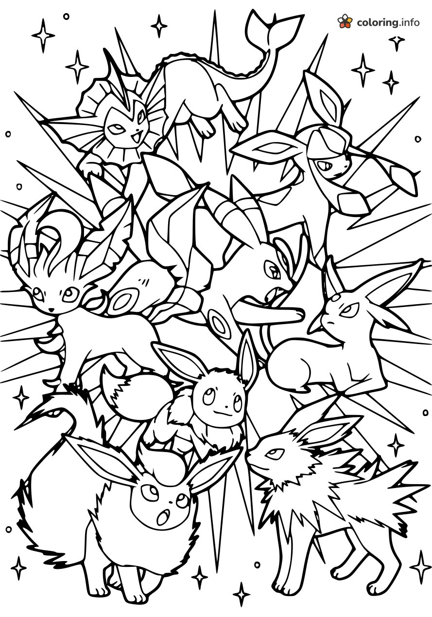 Eevee Evolutions Pokémon Group With Burst Lines printable coloring page Eevee Evolutions Pokémon Group With Burst Lines printable coloring page
