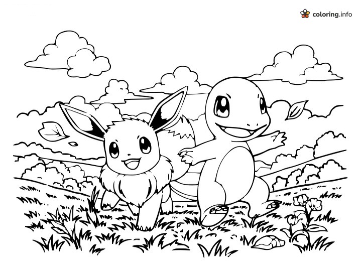 Running Eevee and Charmander in the Meadow coloring page Running Eevee and Charmander in the Meadow coloring page