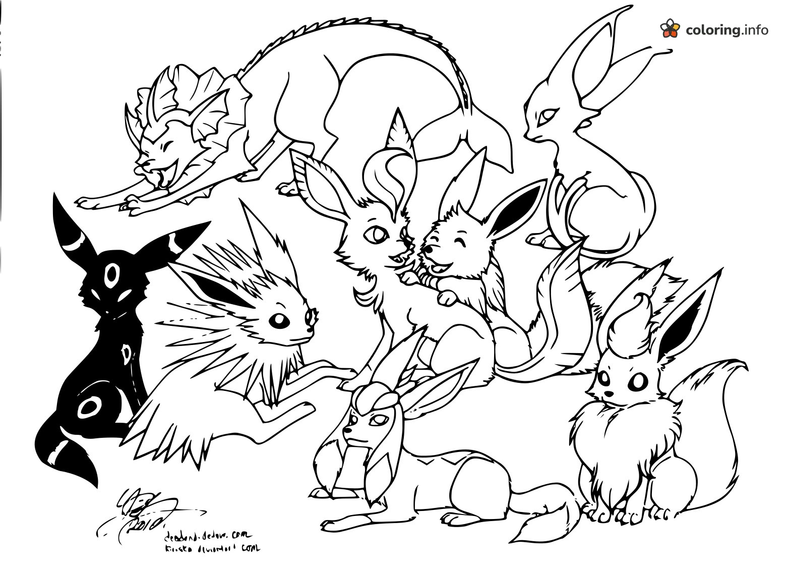 Playful Pokémon Eeveelutions Gathered Around Eevee coloring sheet Playful Pokémon Eeveelutions Gathered Around Eevee coloring sheet