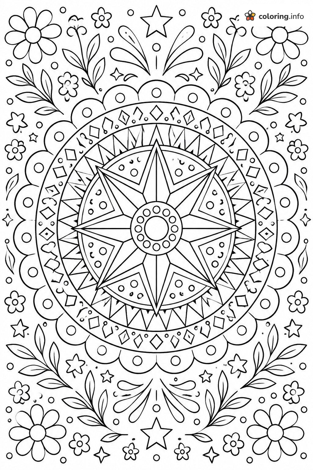 Eight-Pointed Star Mandala, Advanced Designs with Flowers coloring page Eight-Pointed Star Mandala, Advanced Designs with Flowers coloring page