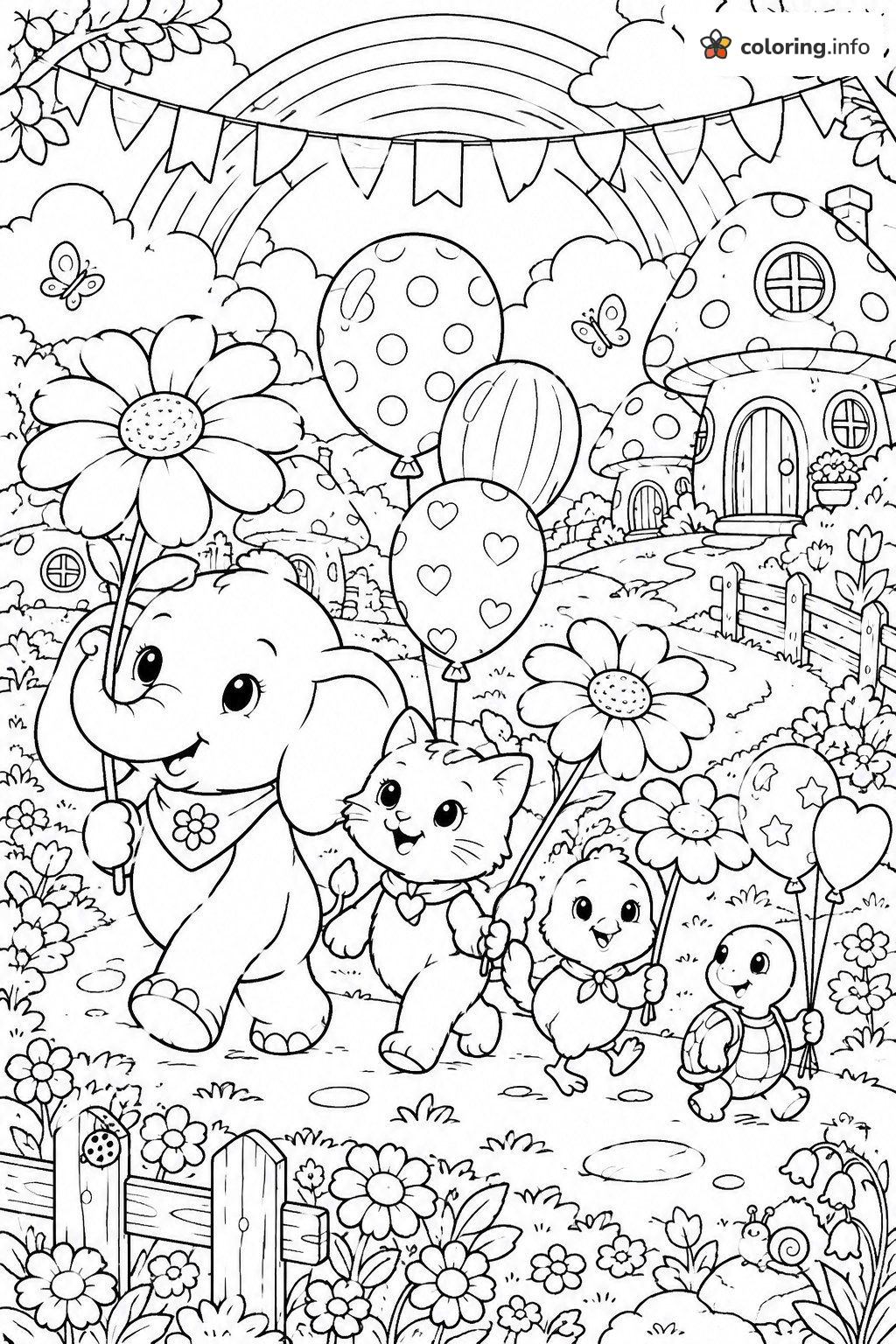Flower Parade with Elephant, Kitten, Chick and Turtle in Draw So Cute style coloring sheet Flower Parade with Elephant, Kitten, Chick and Turtle in Draw So Cute style coloring sheet