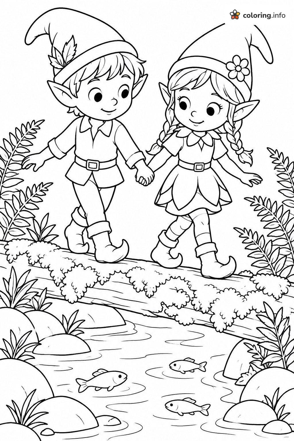 Elf Pair Holding Hands on a Mossy Log coloring page Elf Pair Holding Hands on a Mossy Log coloring page