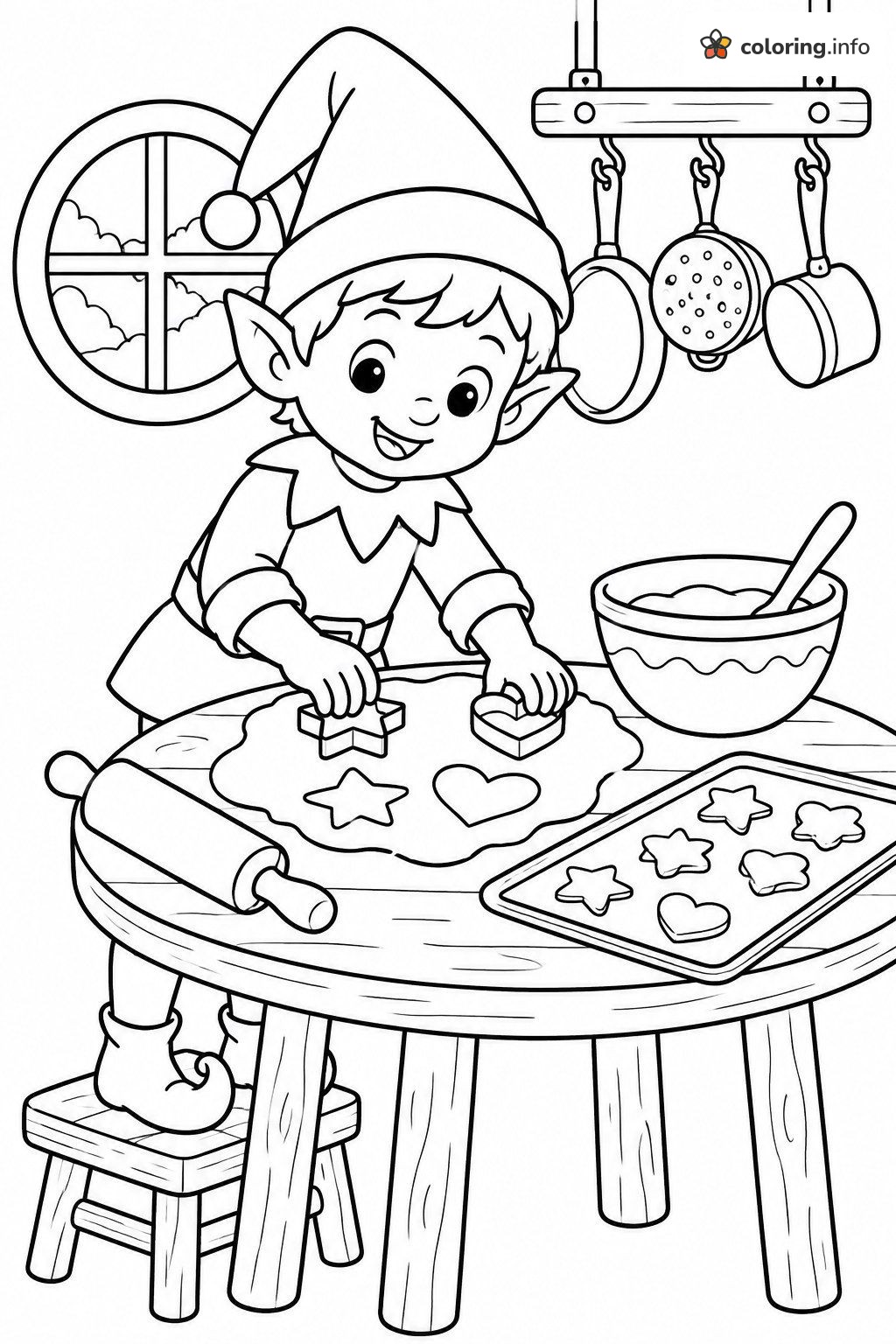 Baking Elf Cutting Star and Heart Cookies coloring sheet Baking Elf Cutting Star and Heart Cookies coloring sheet