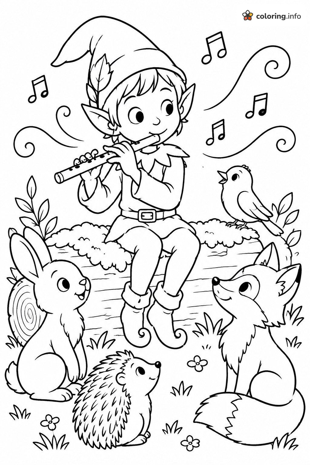 Forest Animals Listen as Elf Plays Flute on a Log coloring sheet Forest Animals Listen as Elf Plays Flute on a Log coloring sheet
