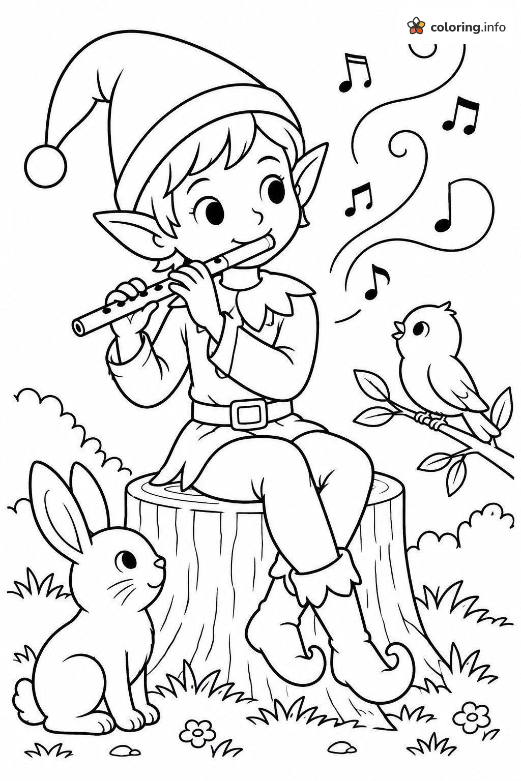 Flute-Playing Elf on a Stump with Bunny and Bird coloring sheet Flute-Playing Elf on a Stump with Bunny and Bird coloring sheet