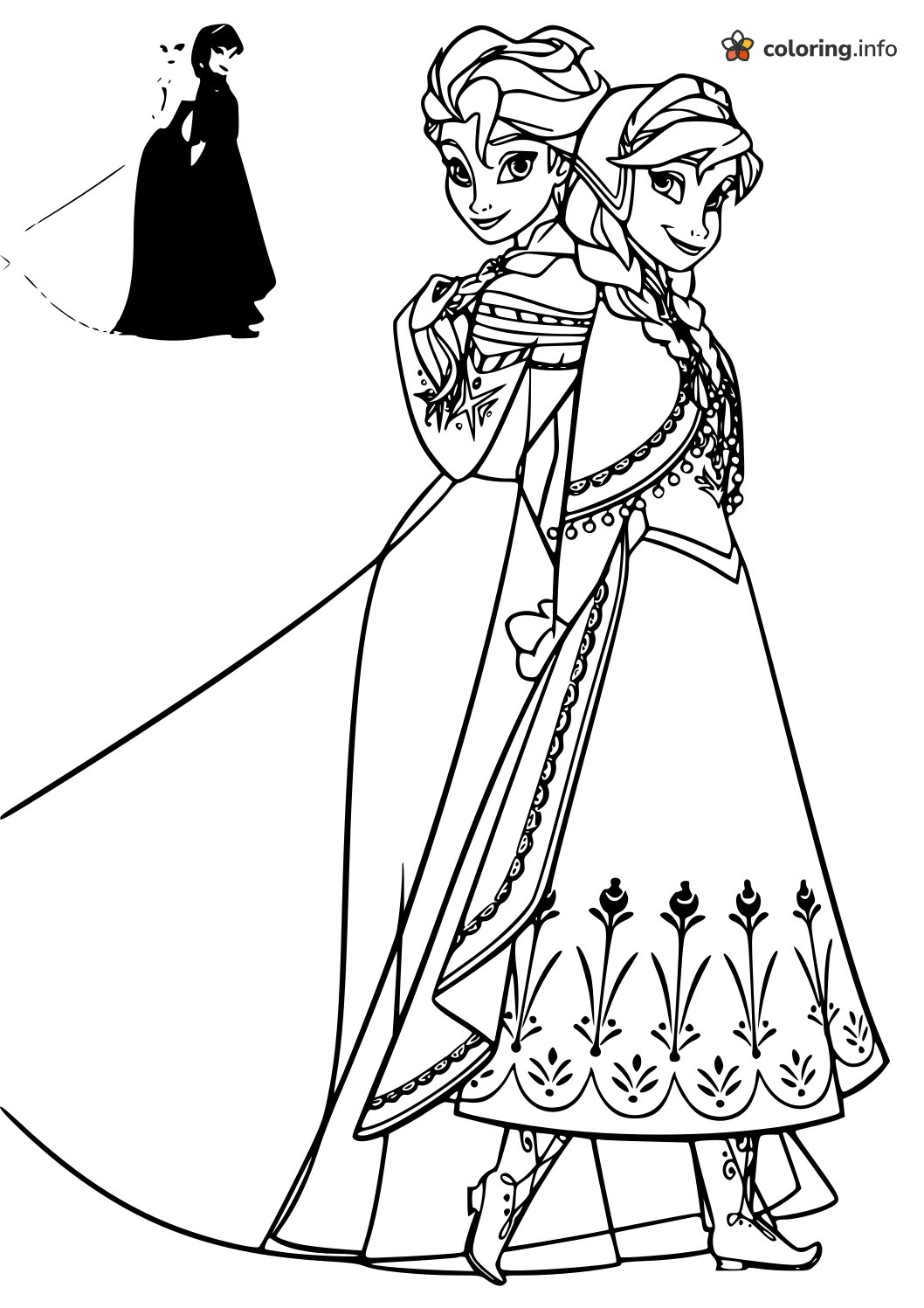 Anna and Elsa Standing Back to Back in Long Capes coloring page Anna and Elsa Standing Back to Back in Long Capes coloring page