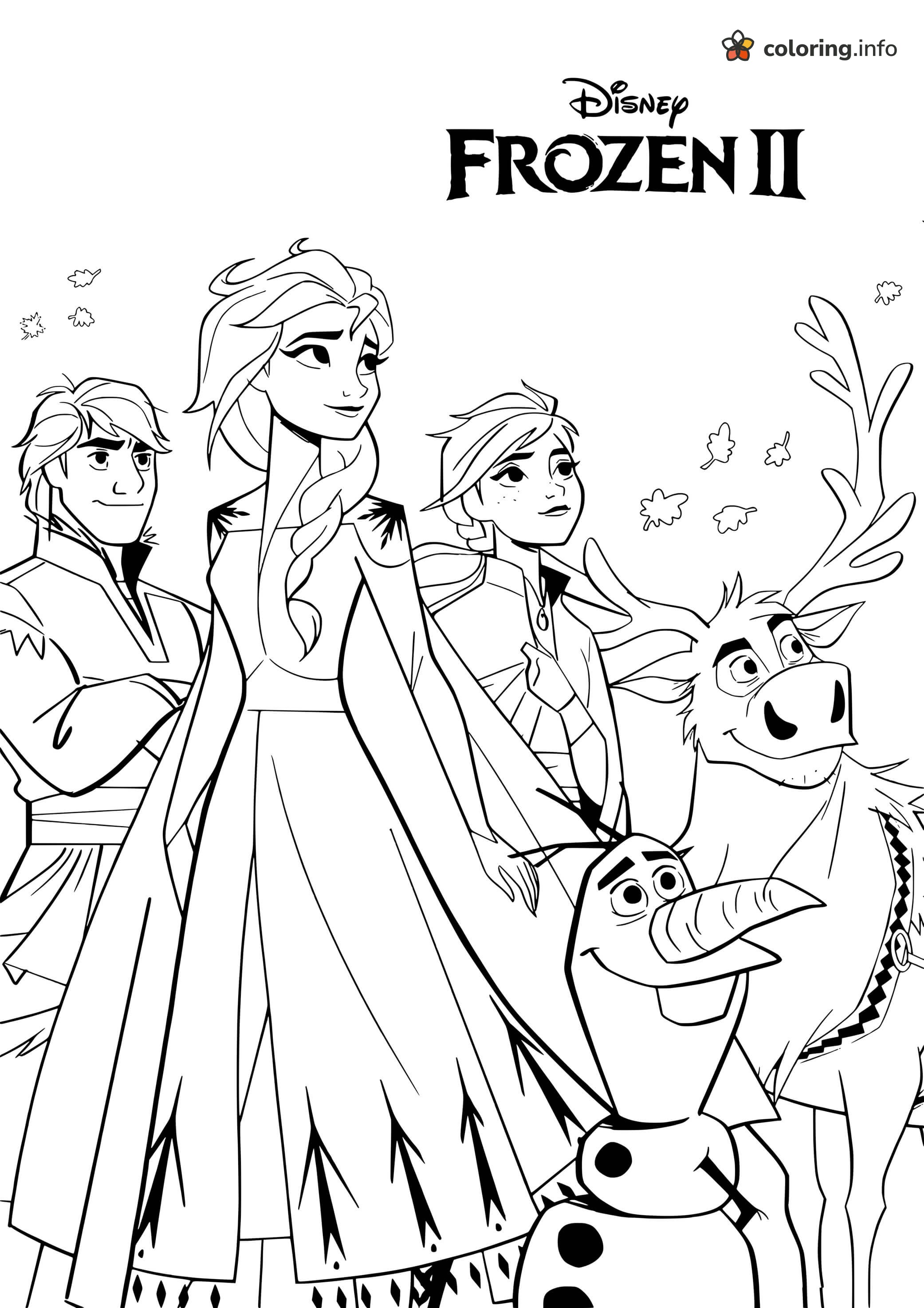 Frozen 2 Group Portrait: Elsa, Anna, Kristoff, Olaf and Sven coloring page Frozen 2 Group Portrait: Elsa, Anna, Kristoff, Olaf and Sven coloring page