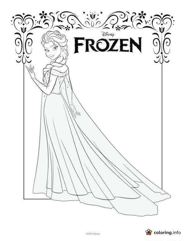 Waving Elsa (Frozen) in a Flowing Cape Gown with Floral Border coloring page Waving Elsa (Frozen) in a Flowing Cape Gown with Floral Border coloring page