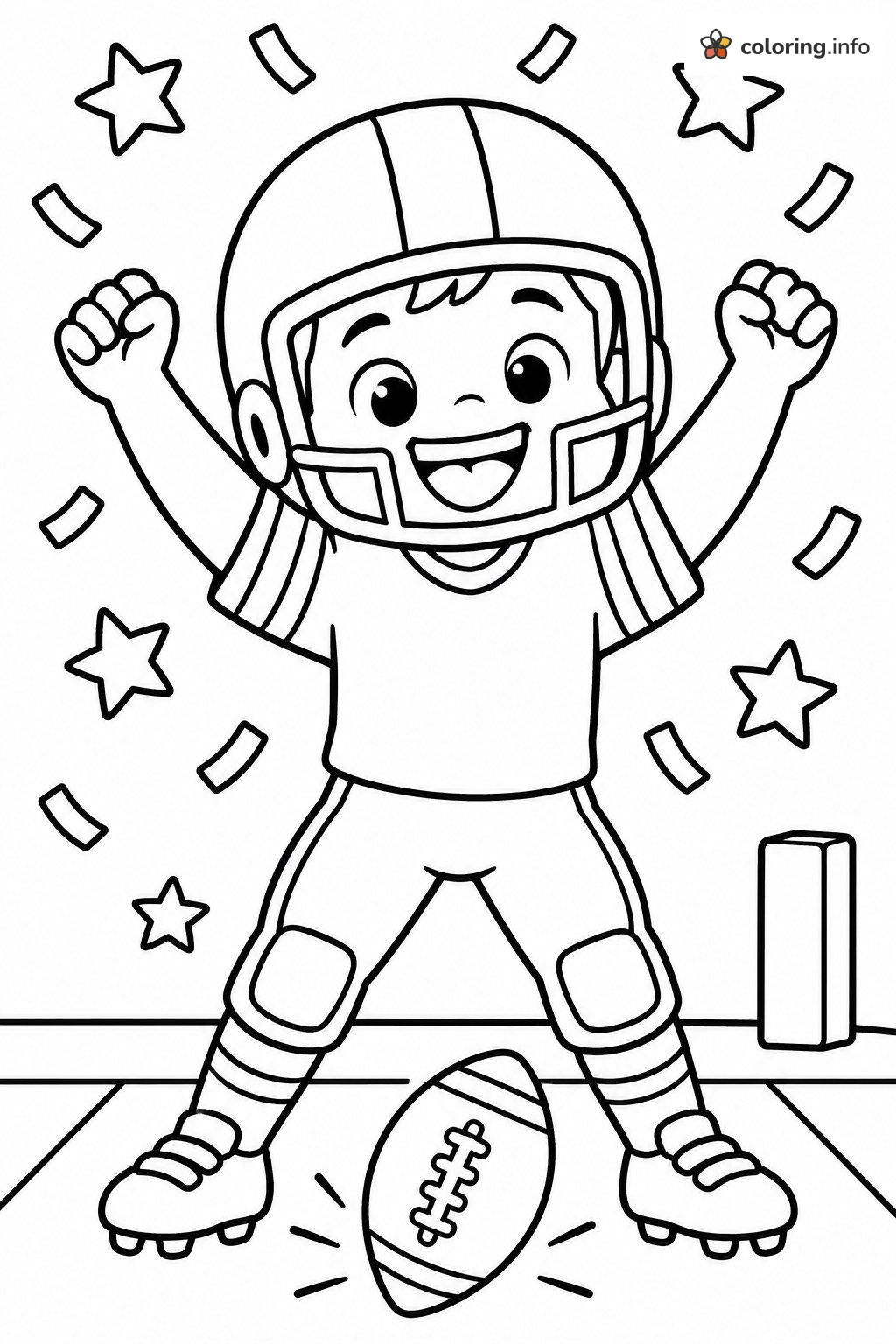 Celebrating American Football Player with Confetti and Stars coloring page Celebrating American Football Player with Confetti and Stars coloring page