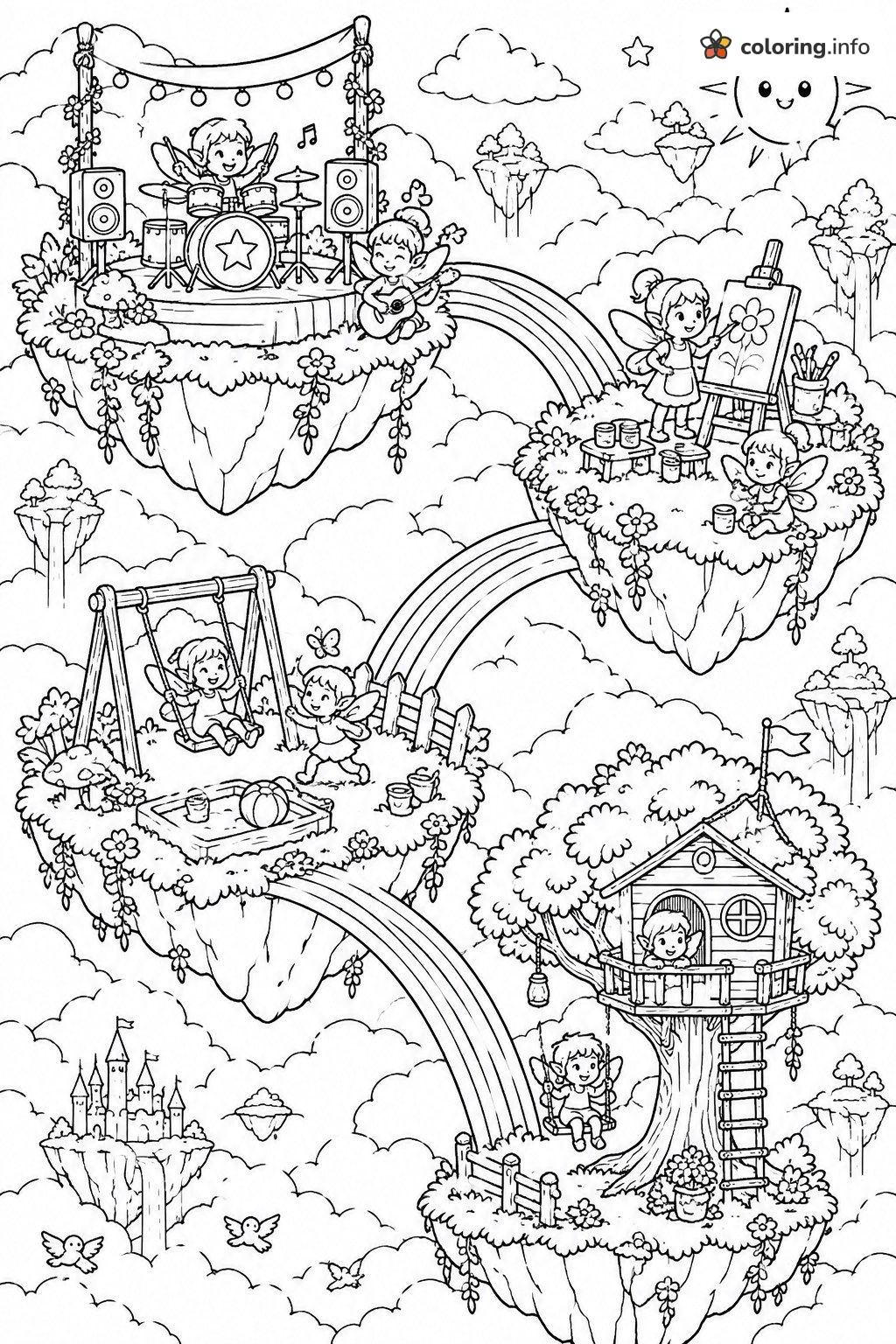 Fairies on Rainbow-Linked Floating Islands, Inside Out Fun coloring page Fairies on Rainbow-Linked Floating Islands, Inside Out Fun coloring page