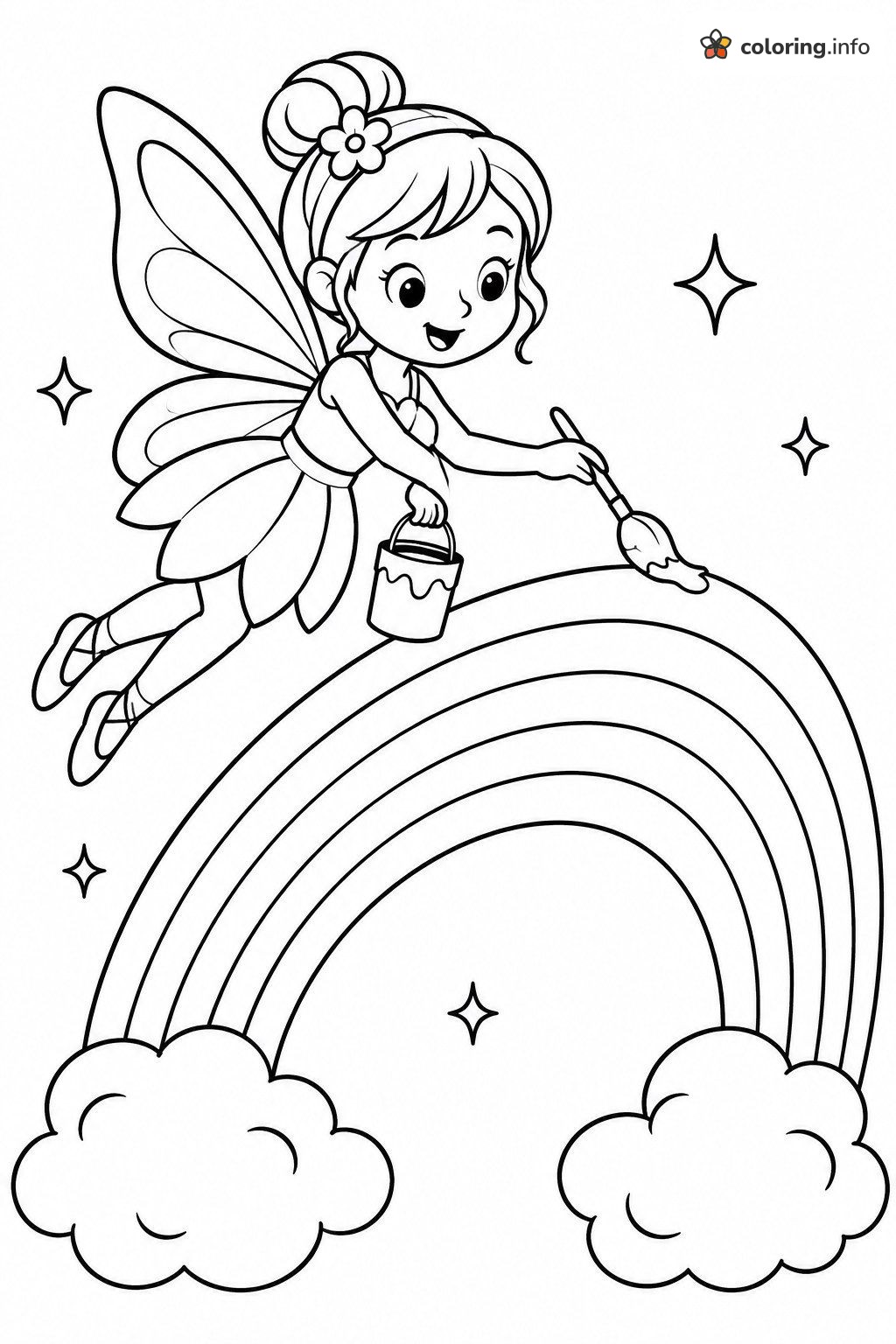 Rainbow Painter Fairy with Bucket and Brush coloring sheet Rainbow Painter Fairy with Bucket and Brush coloring sheet